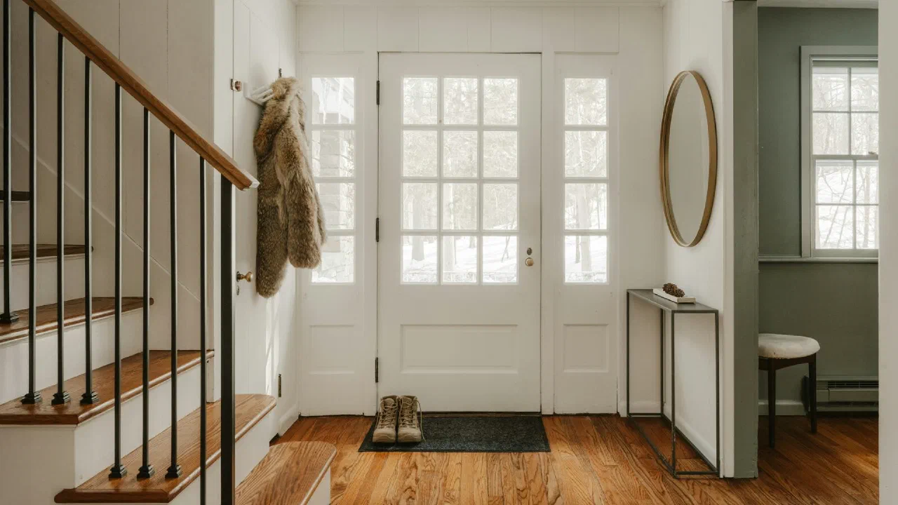 A house entryway with wooden stairs and a glass front door