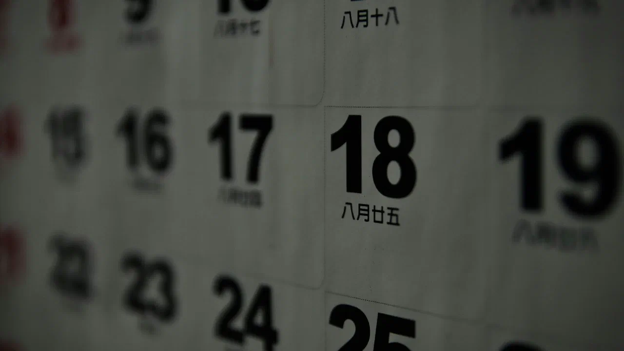 A black and white grid of printed calendar numbers